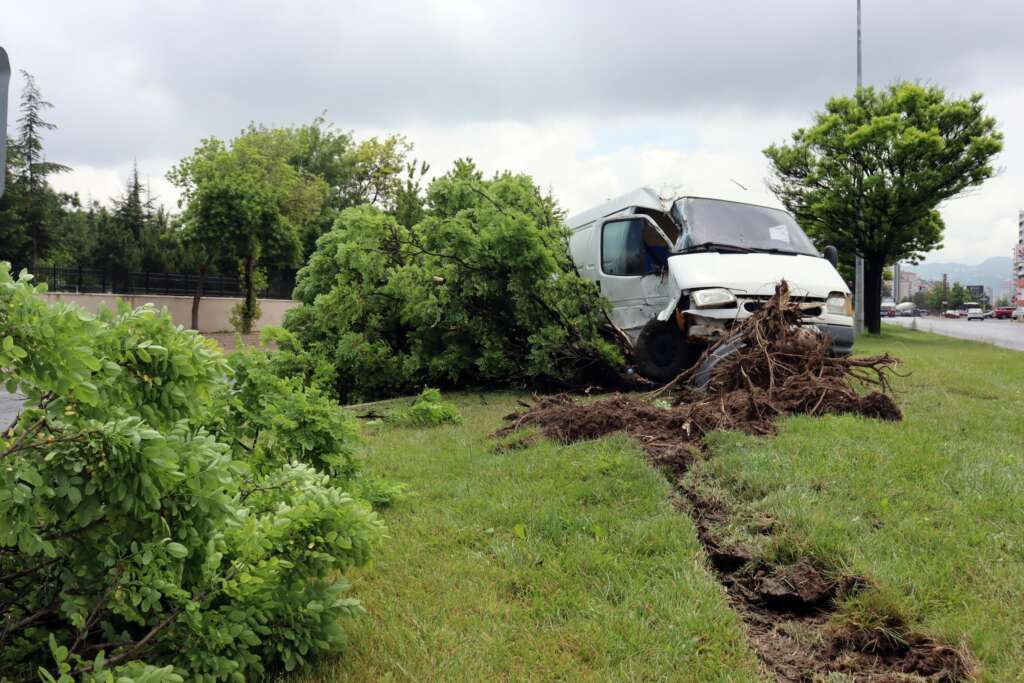 Yoldan çıkan panelvan araç refüjdeki ağaca çarptı