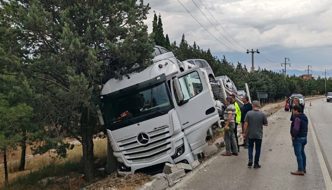 Araba yüklü TIR şarampole dalarak toprak zemine saplandı