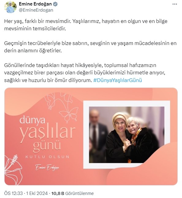 Emine Erdoğan’dan “Dünya Yaşlılar Günü” mesajı