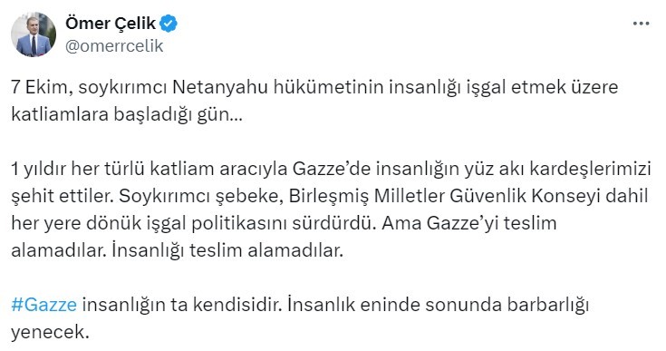 AK Parti Sözcüsü Çelik: İnsanlık eninde sonunda barbarlığı yenecek