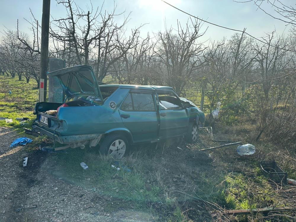 Bursa otomobil direğe çarpıp tarlaya uçtu